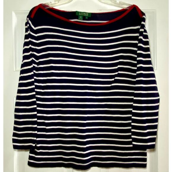 Lauren Ralph Lauren Nautical 3/4 Sleeve Sweater Navy White Red stripe Sz L - Picture 1 of 4
